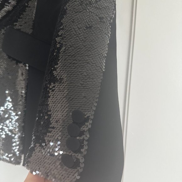 Cinq à Sept Sequins Blazer Jacket Complementary Satin Lapel Collar Black - Picture 5 of 8